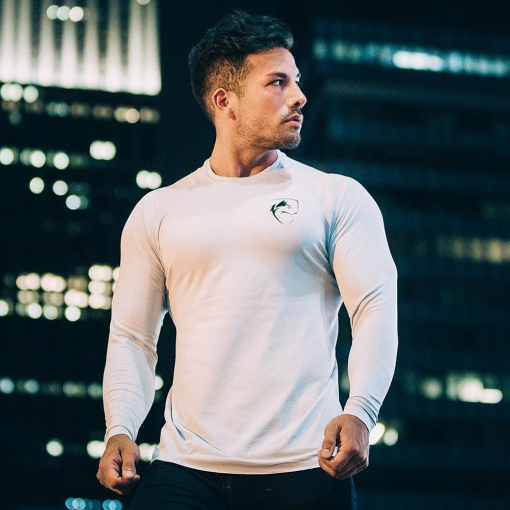 Black Casual Long sleeves T-shirt Autumn Men Gym Fitness Male Running Workout Cotton Print t shirt Slim Tee Tops Brand Clothing