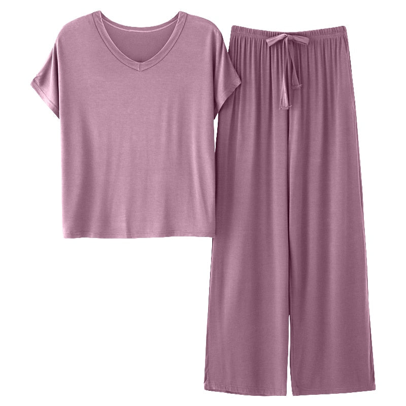 Summer Women's Pajamas Set Simple Solid Color Modal Sleepwear V Neck Soft Nightwear Viscose Home Clothes Suit Pijamas