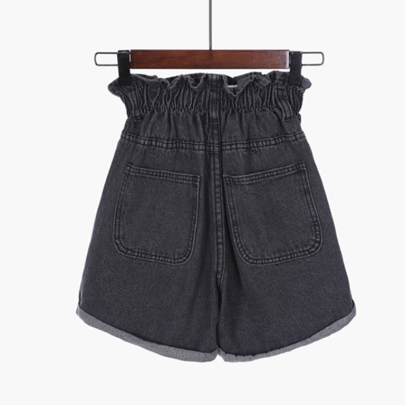 Large Size Elastic Waist Denim Shorts Women Short Feminino Ladies Sexy Black High Waist Jean 5XL Ruffles Button Shorts New