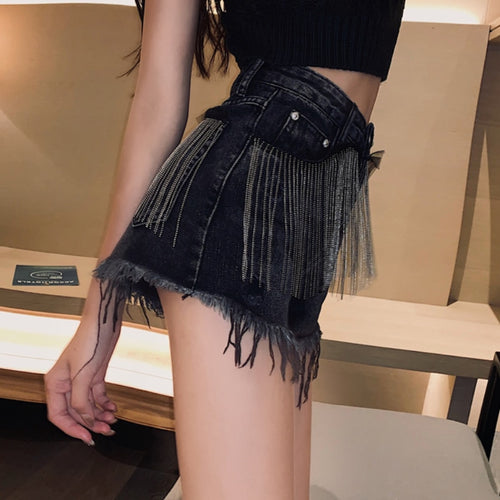 Load image into Gallery viewer, Fashion Tassel Women Denim Shorts Chain Loose High Waist Black Summer Jeans Streetwear Korean Ladies Wide Leg Shorts Jeans
