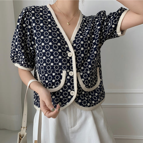 Load image into Gallery viewer, Elegant Women Short Shirts Vintage Floral Embroidery Hollow Out Korean Designed V Neck Summer Single Breasted Blouse Tops

