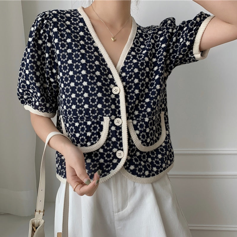 Elegant Women Short Shirts Vintage Floral Embroidery Hollow Out Korean Designed V Neck Summer Single Breasted Blouse Tops