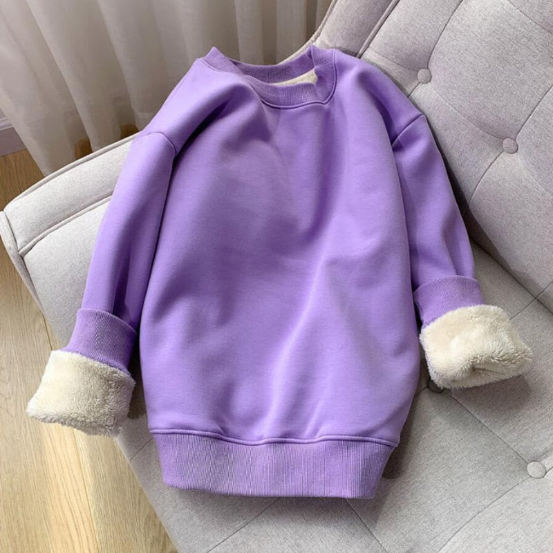 Winter Thick Women Sweatshirt Warm Fashion Simple O Neck Casual Pullover Top Loose Furry Lining Pullover Student Sweatshirt