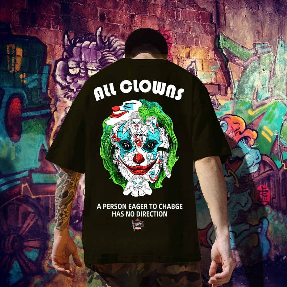 T Shirt Tops Fashion Classic All Hip Hop Print Short O-neck Fun and Games Unique Uprising Not Scary Slavering Fanged Clown T- -