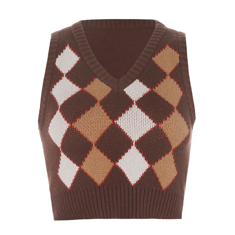 Argyle Women Sweater Vest Vintage Autumn Knit Pullover Cute Crop Jumper Short Sweater Streetwear Brown Top