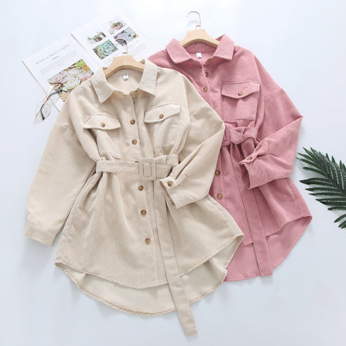 Load image into Gallery viewer, Vintage Corduroy Shirts Women Fall Long Sleeve Belt Tunic Pink Button Up Long Shirts High Waist Designed Casual Tops
