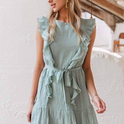 Load image into Gallery viewer, Elegant Ruffled Solid Chiffon Sleeveless Mini Summer Dress-women-wanahavit-Grey Blue-S-wanahavit
