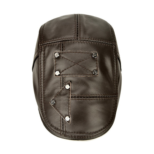 Load image into Gallery viewer, Brand Genuine Leather Beret Hat Men Brown Cowhide Winter Berets Ear Flaps Plus Velvet Peaked Cap For Men
