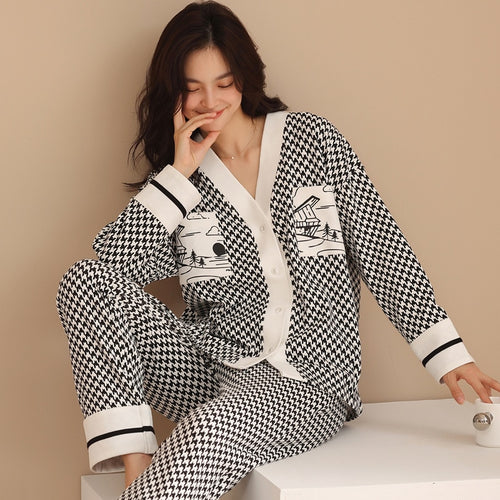 Load image into Gallery viewer, High Quality Women&#39;s Pajamas Set Houndstooth Ins Style Sleepwear Cotton V Neck Homewear Casual Nightwear пижама женская
