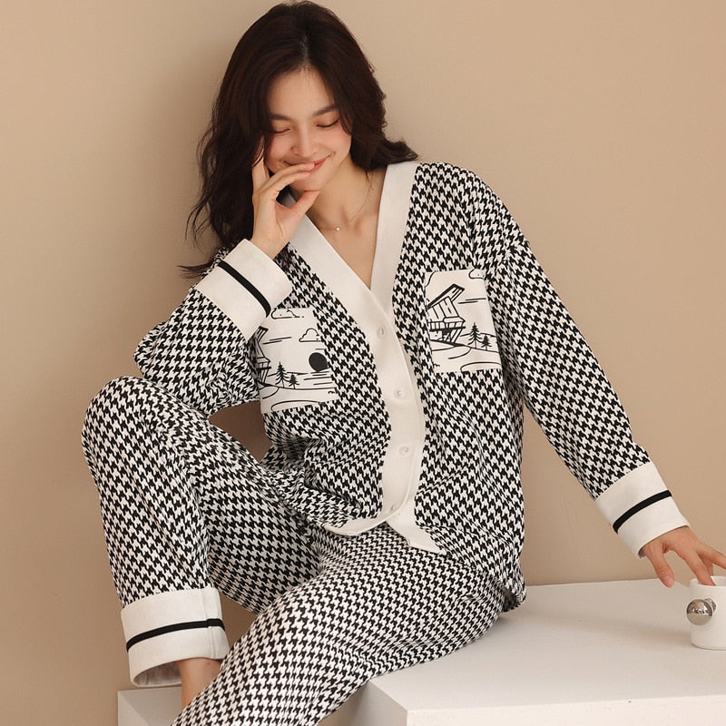 High Quality Women's Pajamas Set Houndstooth Ins Style Sleepwear Cotton V Neck Homewear Casual Nightwear пижама женская