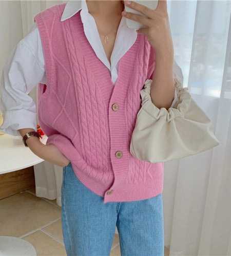 Autumn Women Vest Sweater Loose Fashion V Neck Single Breasted Korean Sleeveless Knitted Cardigan Solid Casual Ladies Tops