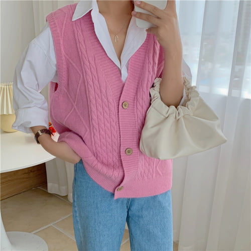 Load image into Gallery viewer, Autumn Women Vest Sweater Loose Fashion V Neck Single Breasted Korean Sleeveless Knitted Cardigan Solid Casual Ladies Tops
