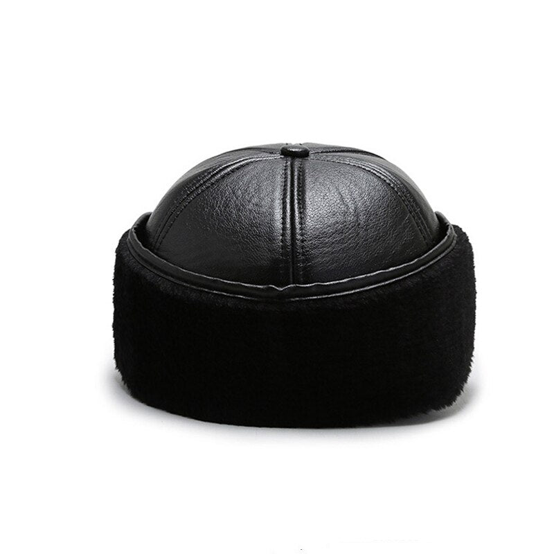 Warm Winter Bomber Hat PU Leather Black Baseball Cap for Men Velvet Thick Men's Cap Earflaps Gorras Hombre Snapback