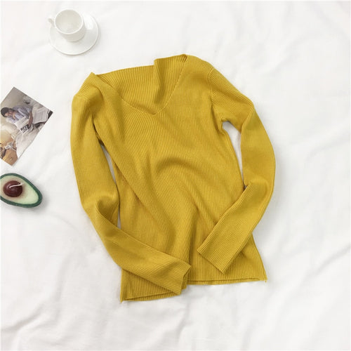 Load image into Gallery viewer, Women Sweater Autumn Long Sleeve Pullover Basic Top Fashion V-neck Elastic Female Winter Solid Knitted Jumper
