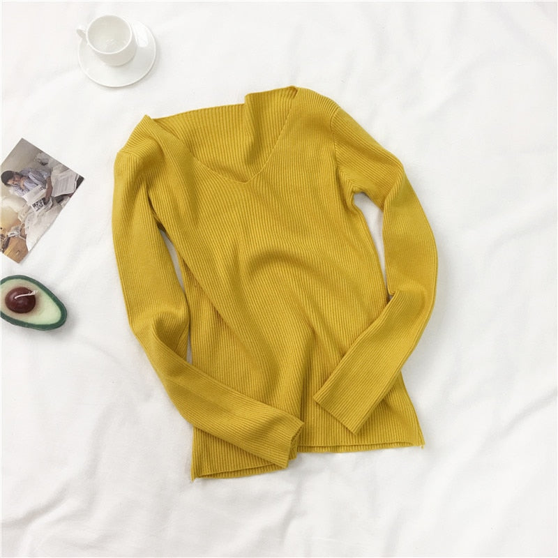 Women Sweater Autumn Long Sleeve Pullover Basic Top Fashion V-neck Elastic Female Winter Solid Knitted Jumper