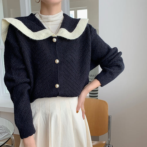 Load image into Gallery viewer, Patchwork Women Cardigan Sweater Harajuku Fashion Sailor Collar Pearl Button Knitted Jacket  Fall Casual Female Coats
