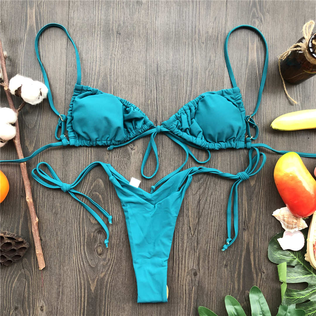 Wrinkled Lace Up Mini Thong Bikini Female Swimsuit Women Swimwear Two-Pieces Bikini set Tie Dye Bather Bathing Suit Swim V2552B