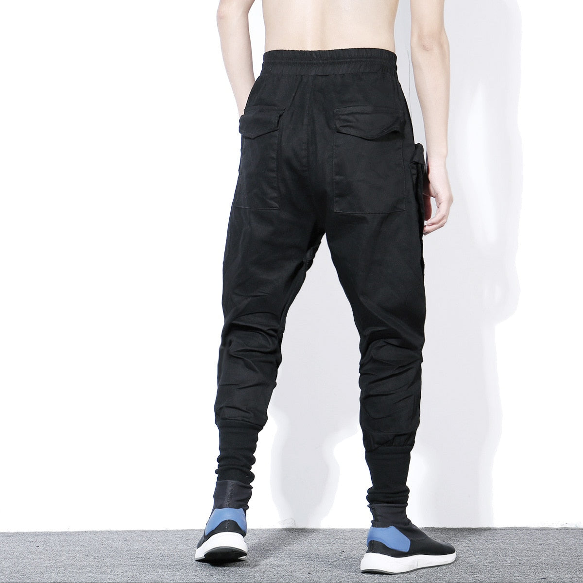 Tactical Functional Cargo Trousers Men Hip Hop Streetwear Elastic Waist Pants Joggers Irregular Multi-pocket Pant Black WB520
