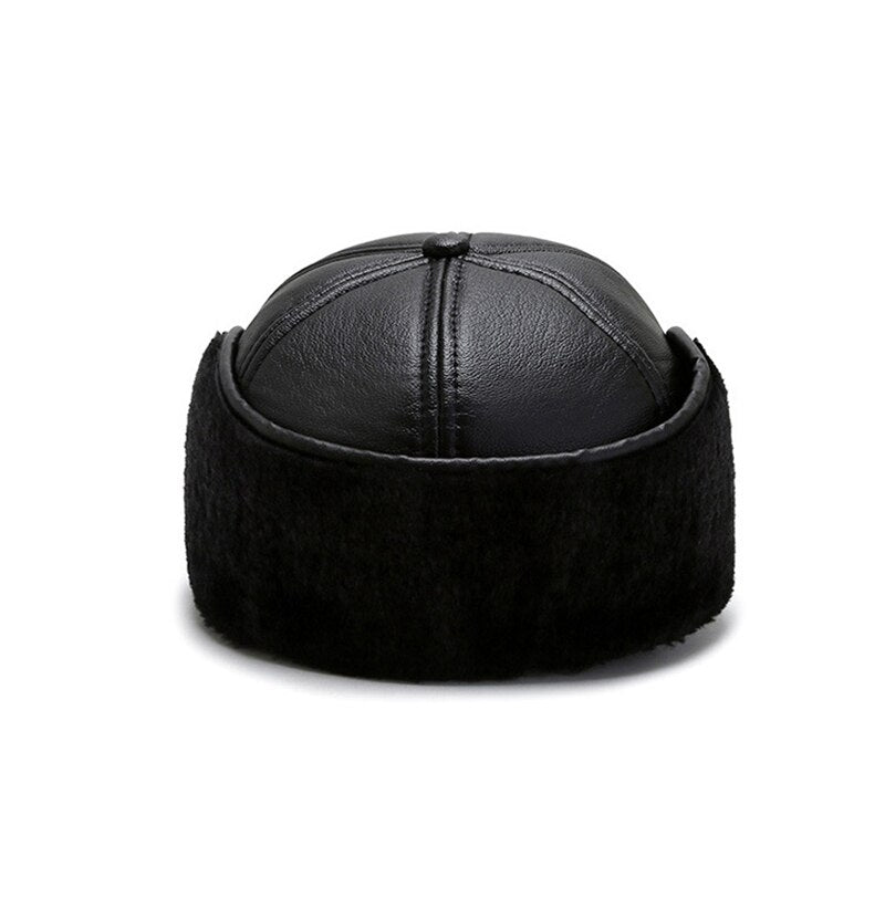 Black Pu Leather Baseball Cap Men's Winter Snapback Hat Earflaps Warm Baseball Caps Casquette Homme Dad Hat