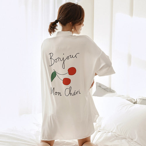 Load image into Gallery viewer, Summer Women&#39;s Pajamas V Neck Fashion Cherry Letter Sleepdress Nightie Silk Like Leisure Home Clothes Shirt Nightwear
