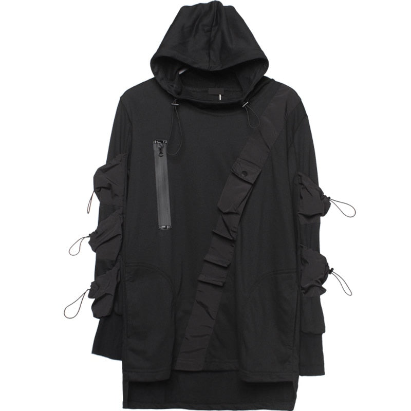 Techwear Harajuku Hoodie and Sweatshirt Men Autumn Multi-pocket Cotton Pullover Hip Hop Streetwear Hoodies Black WB224