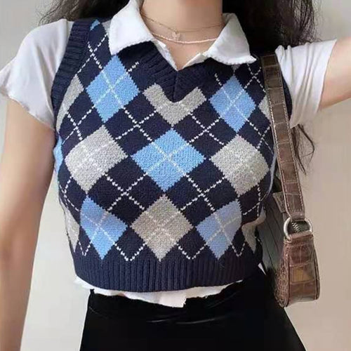 Load image into Gallery viewer, Argyle Women Vest Sweater Autumn Fashion V Neck Knitted Plaid Crop Sweater Casual V Neck Preppy Style Female Jumper Tops
