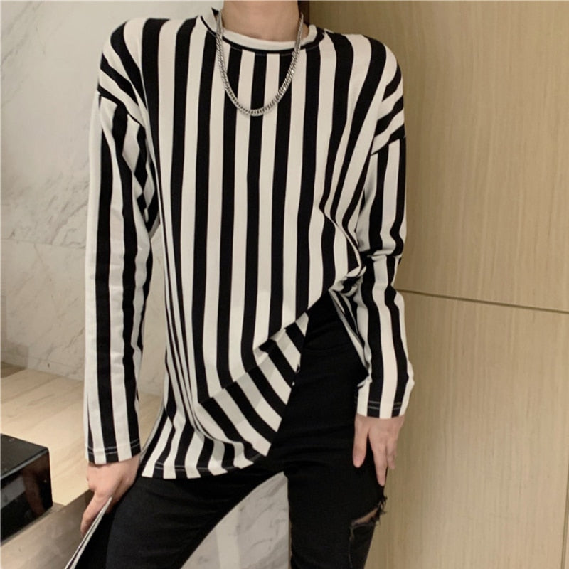 Loose Striped Women T Shirt Long Sleeve Casual O Neck Split Fork Ladies Tess Korean Pure Cotton Fashion Female Tops