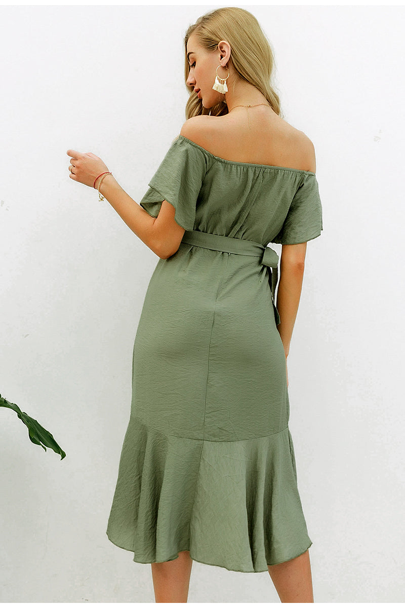 Sexy Off Shoulder Summer High Waist Ruffled Split Short Sleeve Long Dress-women-wanahavit-Green-S-wanahavit