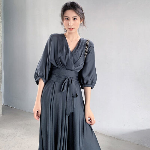 Load image into Gallery viewer, Elegant Chiffon Dress For Women V Neck Lantern Sleeve High Waist Korean Dresses Female Fashion Clothing Spring
