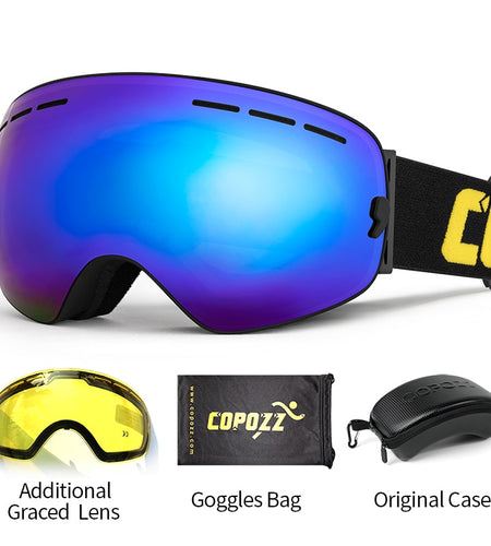 Ski goggles 2 layer lens anti-fog UV400 day and night spherical snowboard glasses men women skiing snow goggles Set