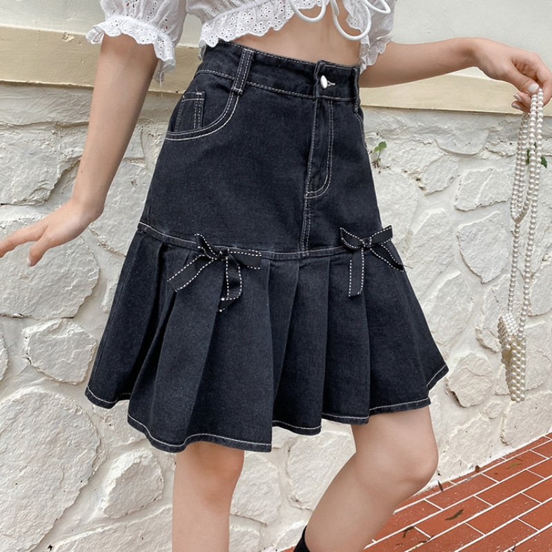 Denim Women Pleated Skirt High Waist Summer Black Bow A Line Mini Skirt Vintage Harajuku Casual Pocket Jeans Girls Skirt