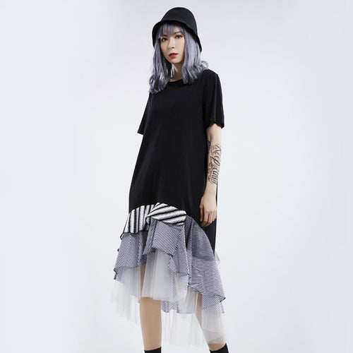 Load image into Gallery viewer, Elegant Striped Mesh Patchwork Women Dress O Neck Short Sleeve Asymmetrical Hit Color Dresses Female Fashion
