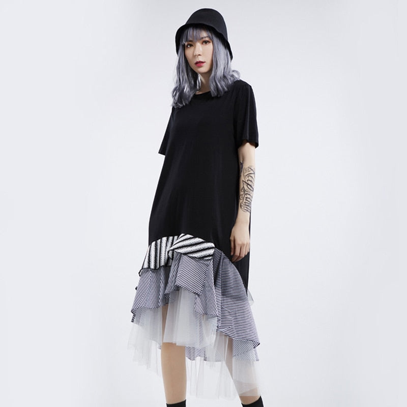 Elegant Striped Mesh Patchwork Women Dress O Neck Short Sleeve Asymmetrical Hit Color Dresses Female Fashion