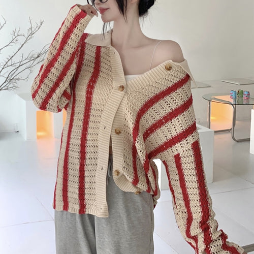 Load image into Gallery viewer, Fashion Striped Women Knitted Cardigan Sexy Hollow Winter Sweater Coats Turn Down Collar Thick Button Up Female Cute Jacket

