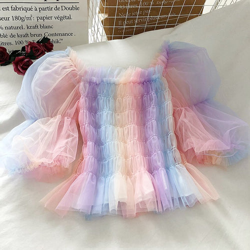 Load image into Gallery viewer, Sweet Japan Women Blouse Summer Fashion Puff Sleeve Cute Ladies Rainbow Short Tops Casual Mesh Tunic Blouse
