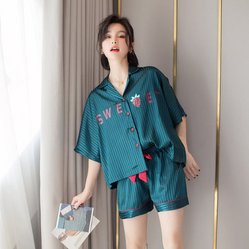 Load image into Gallery viewer, Summer Women&#39;s Pajamas Set Fashion Letter Pattern Short Sleeve Couple Sleepwear for Men Silk Like Leisure Home Clothes Nightwear
