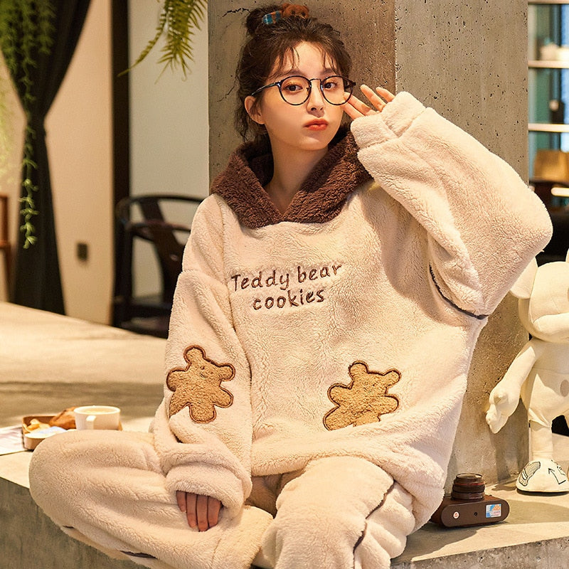 High Quality Women's Pajamas Set Cute Flannel Sleepwear Casual Homewear Men Couple Thick and Warm Winter Pyjamas Femme