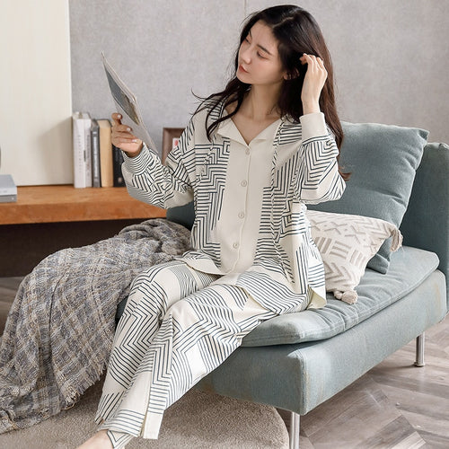 Load image into Gallery viewer, Autumn Women&#39;s Pajamas Set High Quality Bohemian Stripes Print Sleepwear V Neck Cotton Homewear Nightwear Pyjamas Femme
