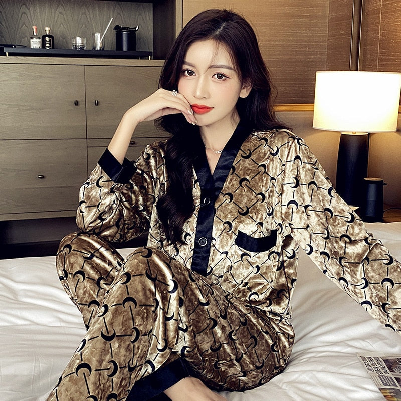 High Quality Women's Pajamas Set Velvet Sleepwear Moon Print Casual Homewear Men Nightwear Luxury Couple Pyjamas Femme