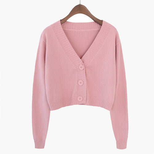 Load image into Gallery viewer, Corp Cardigan Sweater Autumn Long Sleeve Soft Sexy V Neck Knitted Korean Short Top Casual Single Breasted Pink Thin Blouse
