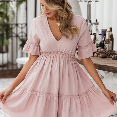 Load image into Gallery viewer, Simplee Sexy Ruffled Casual Cotton Soft Mini Dress-women-wanahavit-Pink-S-wanahavit
