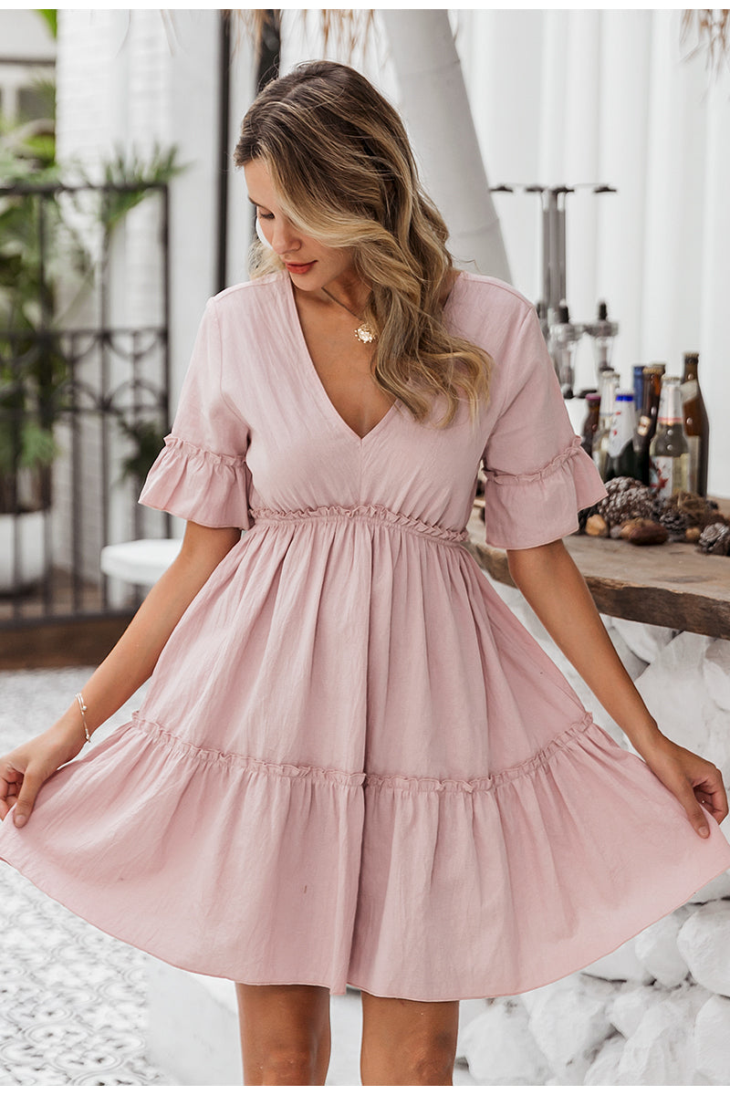 Simplee Sexy Ruffled Casual Cotton Soft Mini Dress-women-wanahavit-Pink-S-wanahavit