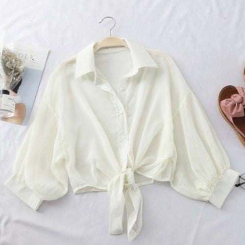 Load image into Gallery viewer, Chiffon Women New  Shirts Summer Half Sleeve Buttoned Up Loose Casual Sunny Shirts Female Tied Waist Elegant White Tops
