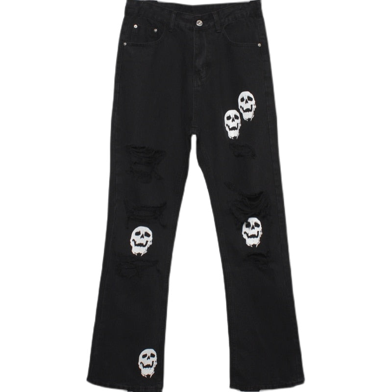 Skinny Jeans Pants Black Men Streetwear Destroyed Ripped Skull Printed Jeans Hip Hop Denim Pant Hole WB321