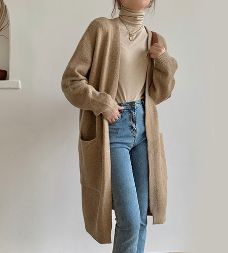 Loose Women Long Cardigans Fall Casual Pocket Knitted Sweater Winter Oversize Korean Fashion Solid Female Coats