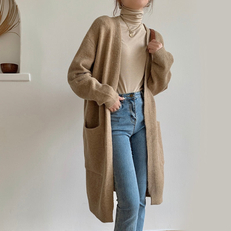 Loose Women Long Cardigans Fall Casual Pocket Knitted Sweater Winter Oversize Korean Fashion Solid Female Coats