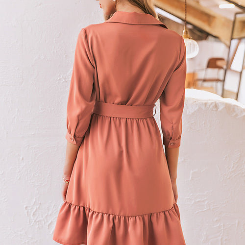 Load image into Gallery viewer, Ruffled Spring Three Quarter Sleeve Belt Office Retro O-neck A-line Summer Dress-women-wanahavit-Coral Red-M-wanahavit
