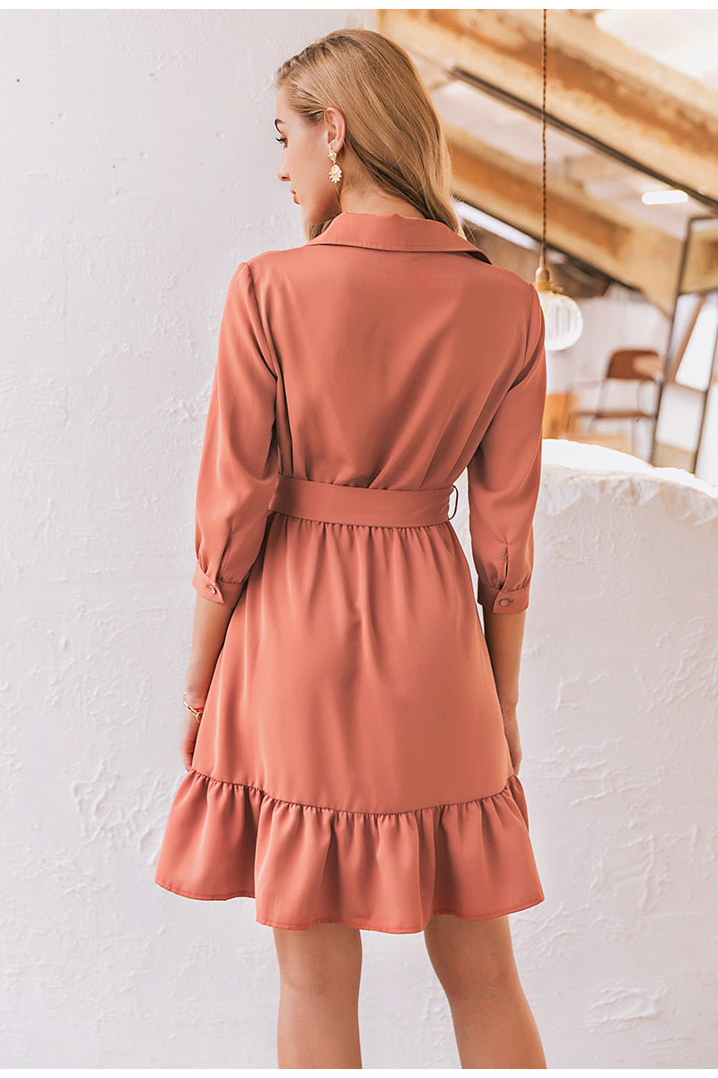 Ruffled Spring Three Quarter Sleeve Belt Office Retro O-neck A-line Summer Dress-women-wanahavit-Coral Red-M-wanahavit