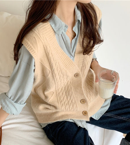 Autumn Women Vest Sweater Loose Fashion V Neck Single Breasted Korean Sleeveless Knitted Cardigan Solid Casual Ladies Tops