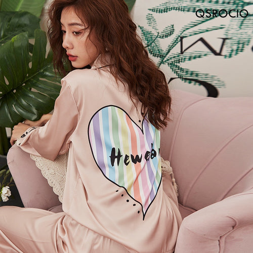 Load image into Gallery viewer, High Quality Women&#39;s Pajamas Set Luxury Style Rainbow Heart Sleepwear Silk Like Casual Homewear V Neck Nightwear Femme
